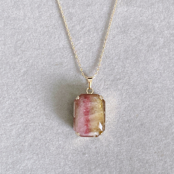 【浄化済み】14KGP ウォーターメロントルマリンネックレス 13×18mm 40〜45cm ネックレスチェーン変更可能 1枚目の画像