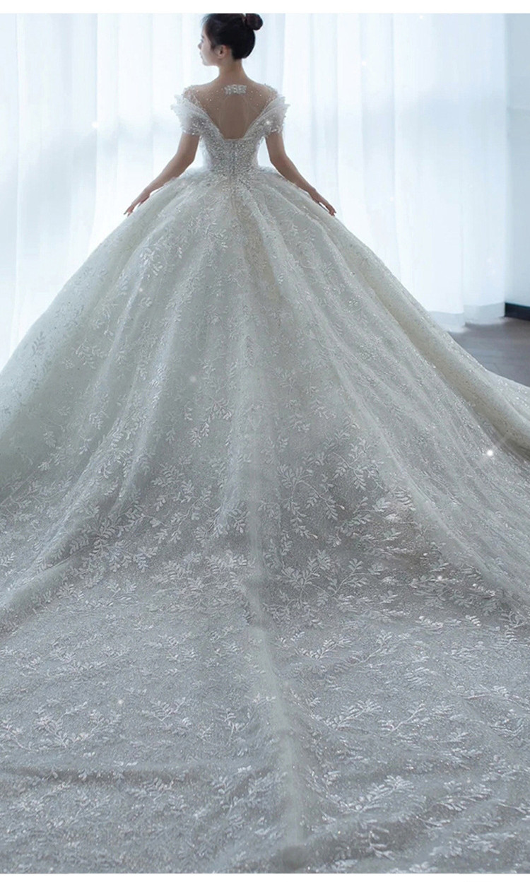 豪華 白 ウェディングドレス パール レース刺繡 プリンセス トレーン 韓国風 結婚式 花嫁 前撮り 披露宴 AK102