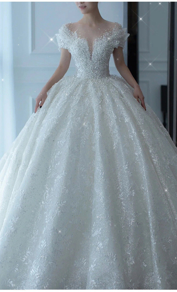 豪華 白 ウェディングドレス パール レース刺繡 プリンセス トレーン 韓国風 結婚式 花嫁 前撮り 披露宴 AK102