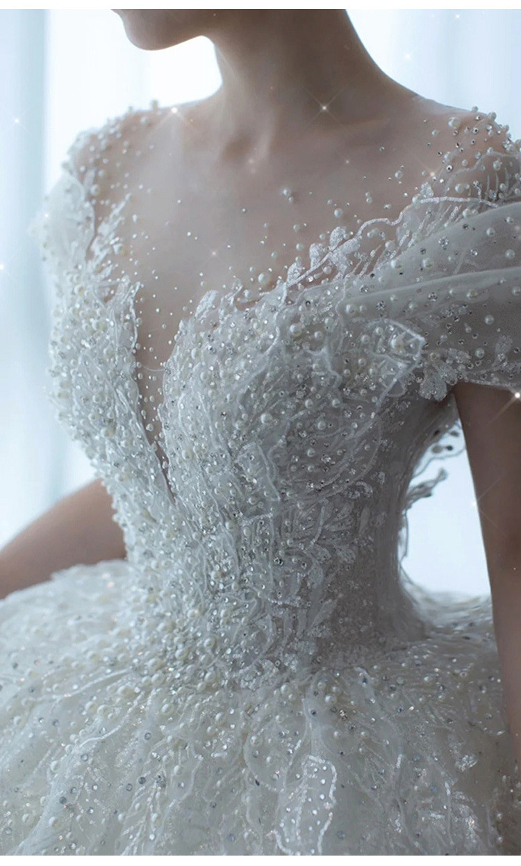 豪華 白 ウェディングドレス パール レース刺繡 プリンセス トレーン 韓国風 結婚式 花嫁 前撮り 披露宴 AK102