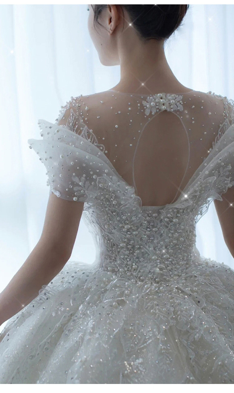 豪華 白 ウェディングドレス パール レース刺繡 プリンセス トレーン 韓国風 結婚式 花嫁 前撮り 披露宴 AK102