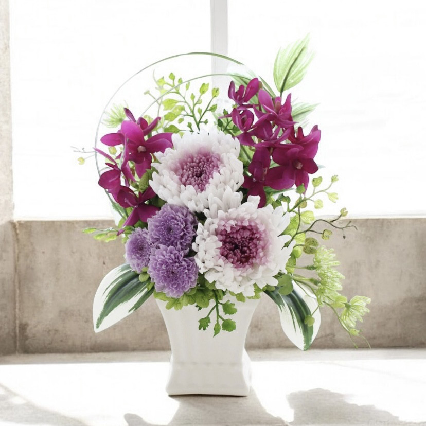 ☆プリザーブドフラワー＜サラ Ｍサイズ＞ 菊 パープル【仏花 お供え】白花器