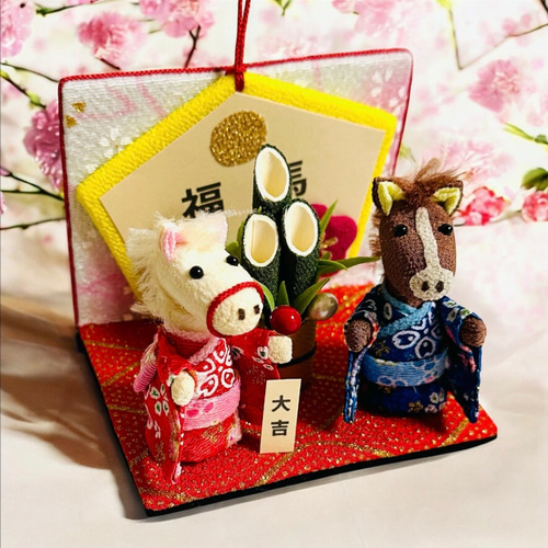 ちりめん細工「お正月 干支 絵馬とお馬ちゃん」 その他置物 黒ごま