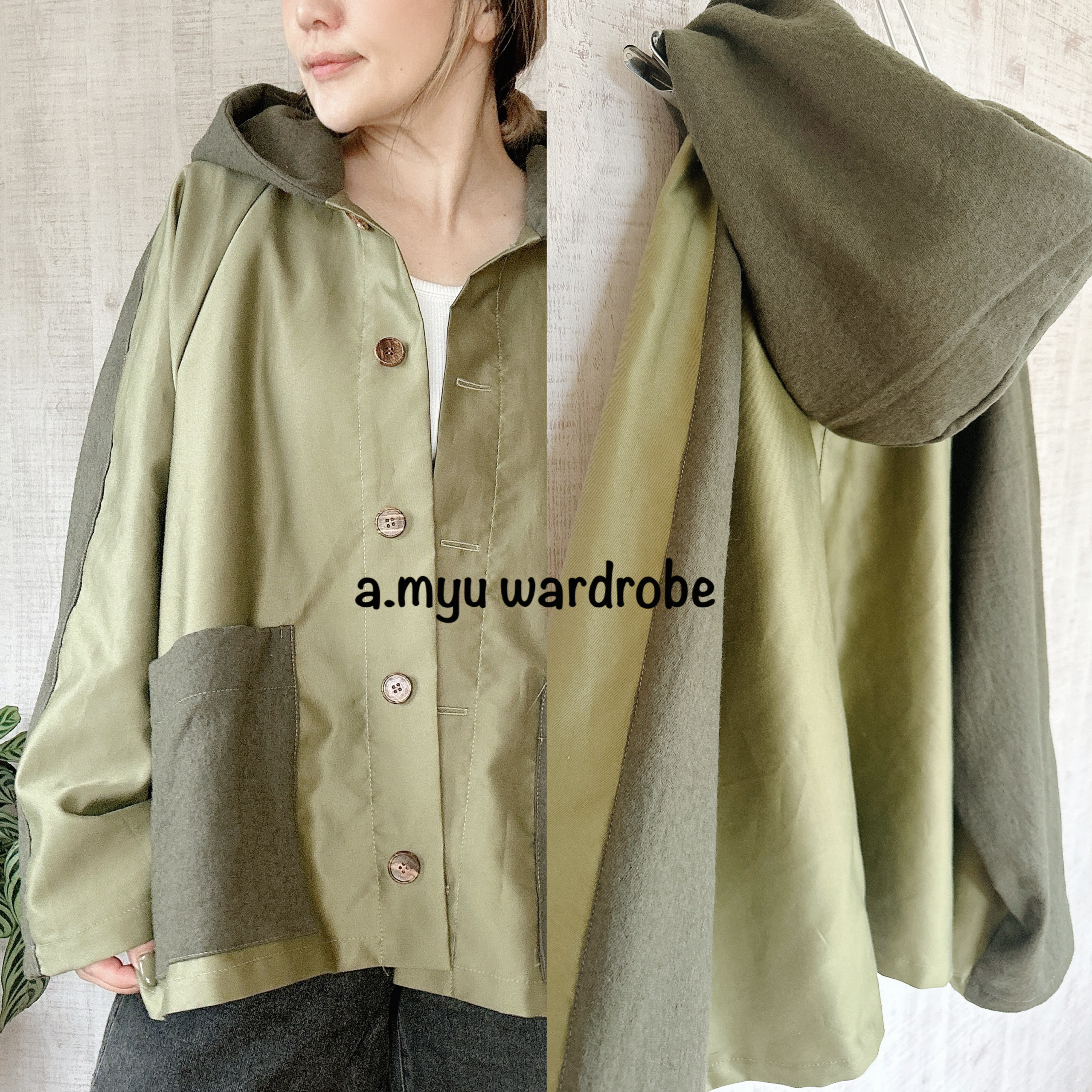 a.myu秋色オーバーサイズ　脇下ゆったりラグラン袖　カーキグリーン