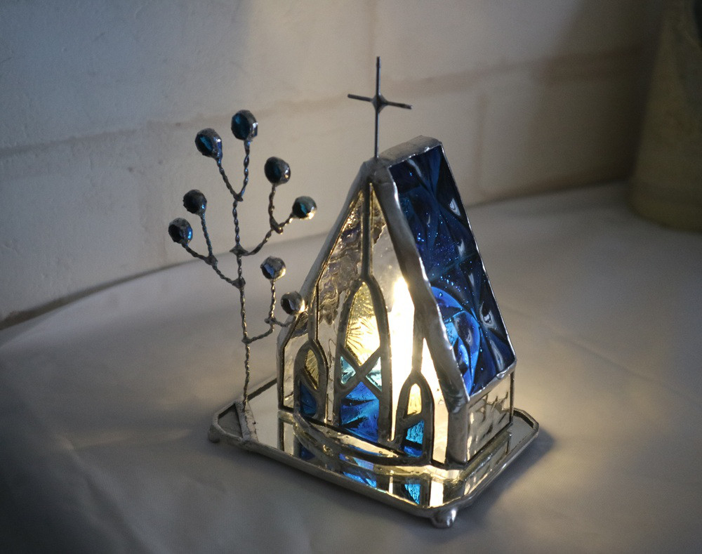 ステンドグラス・青の教会　キャンドルホルダー（受注製作）