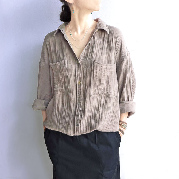 ガーゼオーバーシルエットシャツ（サンドカーキ） 8枚目の画像