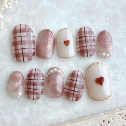 マロンブラウンのチェックネイル 推しネイル ウェディング チェック