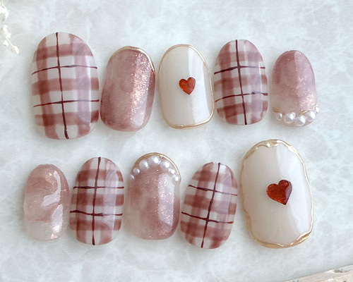 【オーダー】ネイルチップ ニュアンス　ハート　チェック　推し　no.48 オーダー】ネイルチップ ニュアンス ハート チェック 推し no.48