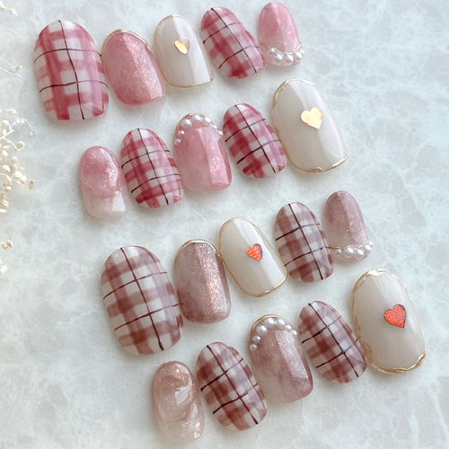 お急ぎ便A♡ ネイルチップ オレンジネイル チェック柄 シンプル 量産型 ハート お急ぎ便A♡ ネイルチップ オレンジネイル チェック柄 シンプル 量産型