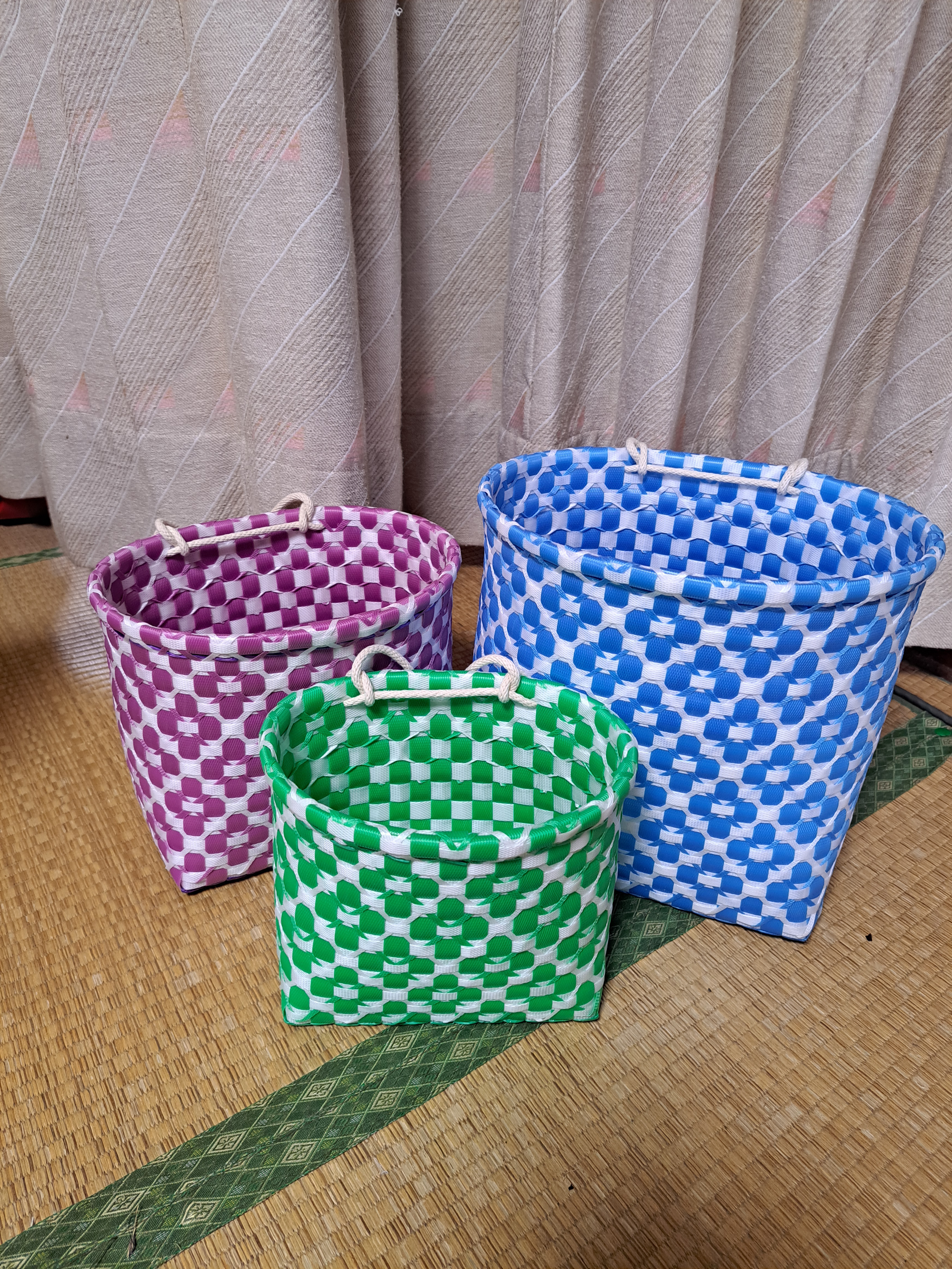 PPバンドかご(模様編みはけご　大小ミニ3サイズセット)