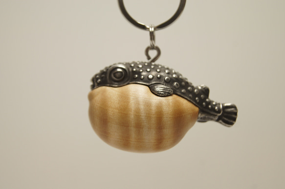 フグ　橡　縮杢☆（木材）ピューター（金属）キーホルダー、ペンダント、バッグチャーム、置物 4枚目の画像