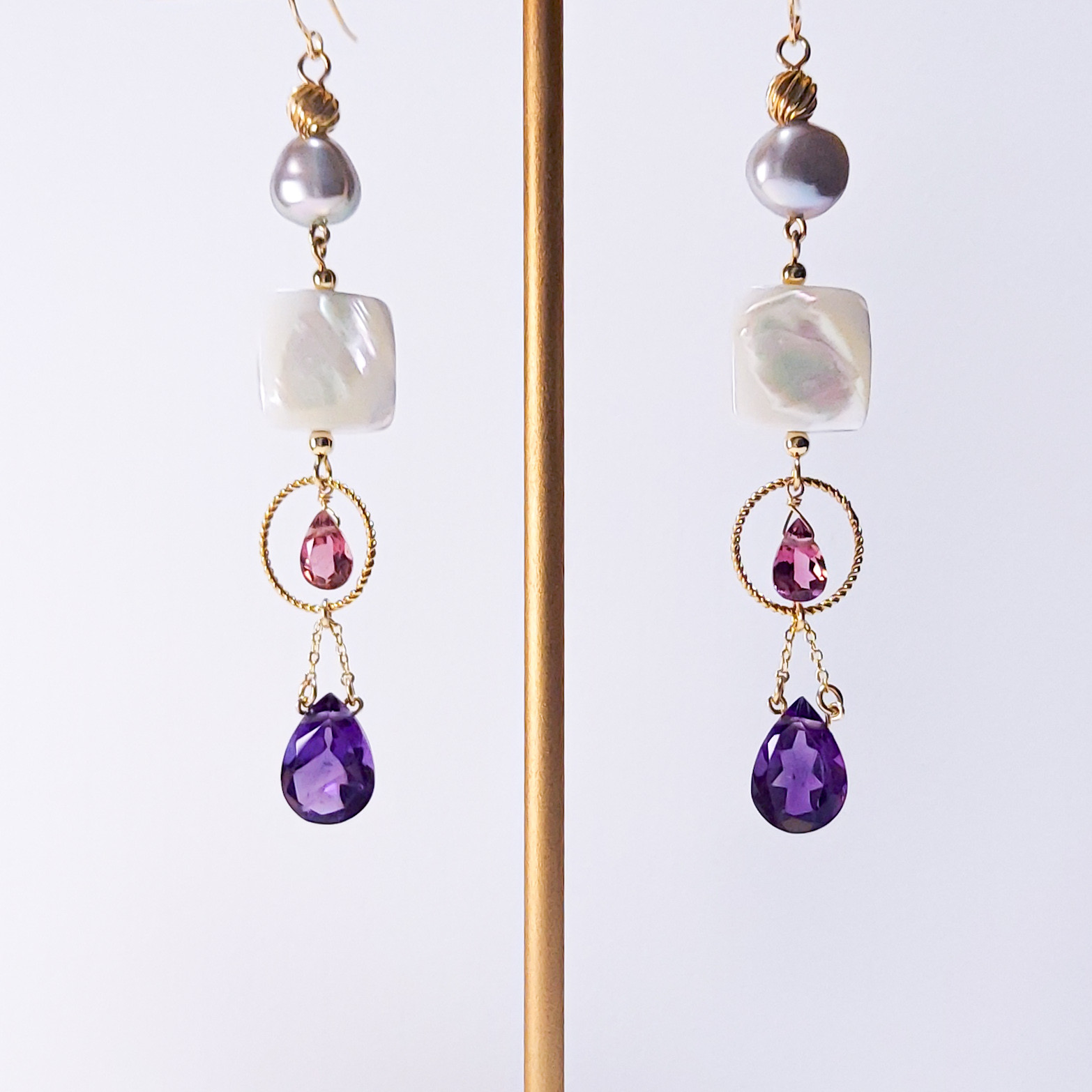 14kgf*宝石質ピンクトルマリン×アメジスト×淡水パールのピアス