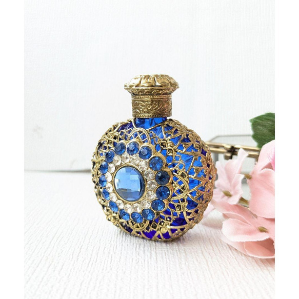 アンティーク調 香水瓶 チェコガラス ブルーxゴールド pf0308r その他