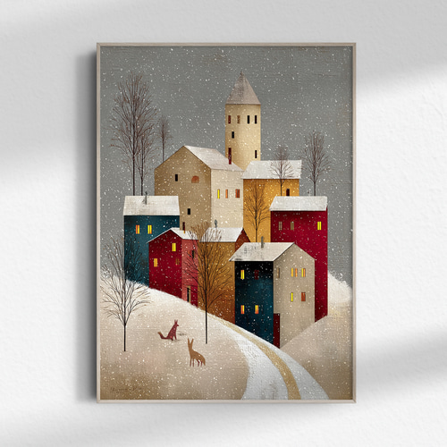 holiday＊木製パネル　絵画　原画　抽象画　テクスチャーアート　冬　モダン 雪降る町【 北欧の森の積み木の家 タイプB 】 冬景色 クリスマス