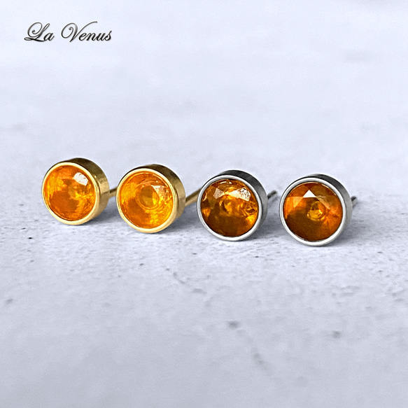 ✴︎つけっぱなしOK✴︎ 天然 ファイアオパール ベゼルピアス 4mm 宝石質AAA 316 両耳用 10月誕生石 2枚目の画像