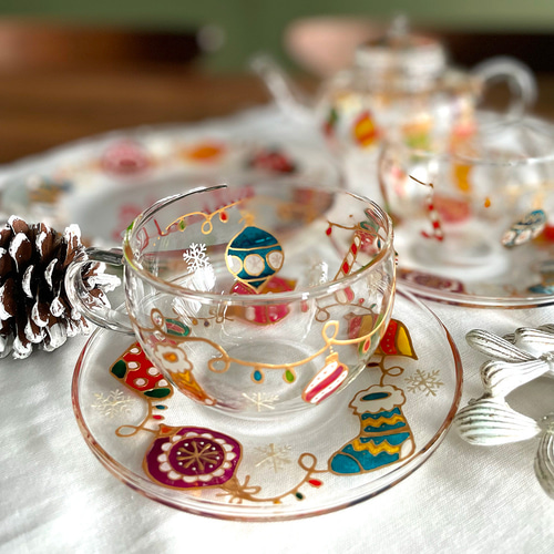 Creema限定＊xmasオーナメントティーカップ＆ポットセット｜手描き