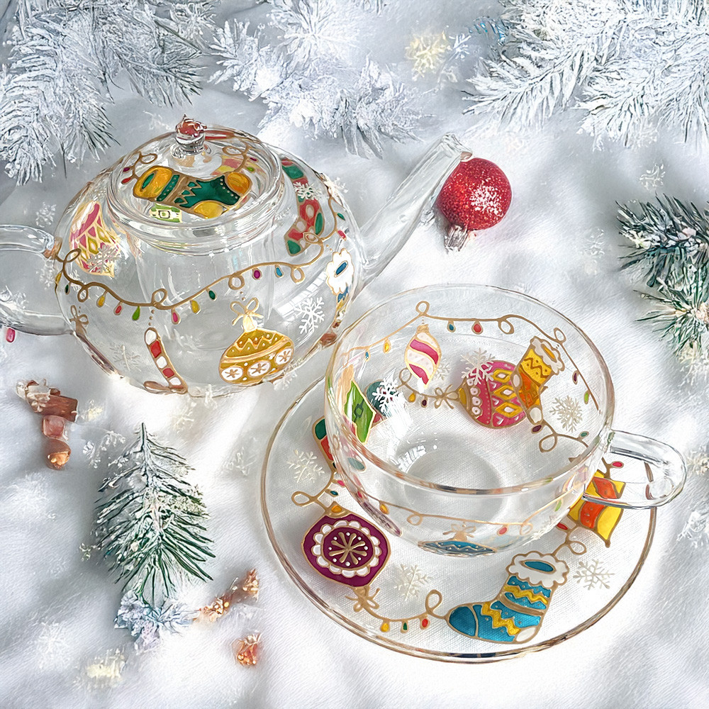 ＊Creema限定＊xmasオーナメントティーカップ＆ポットセット｜手描き/記念日/パーティ 15,000円