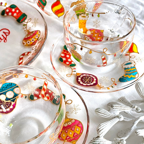 Creema限定＊xmasオーナメントティーカップ＆ポットセット｜手描き