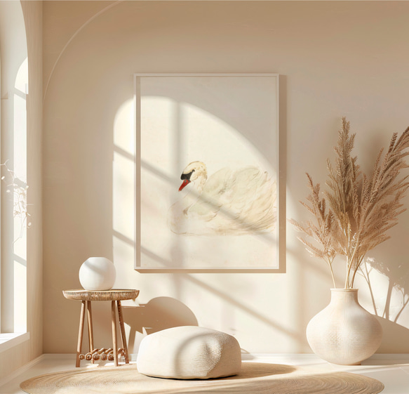 白鳥 アートポスター アンティーク 水彩画 インテリア 動物画 鳥 ナチュラル ベージュ クリーム色 北欧 エレガント　 9枚目の画像