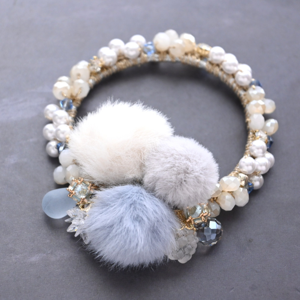 冬のペールカラー…ファー×ジルコニア×パール シュシュ＊ブレスレット