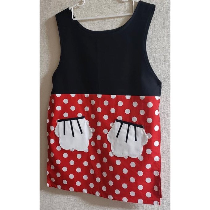 【*大人 S M L LL】赤水玉 ブラック 切替 手形ポケット エプロン 三角巾追加可