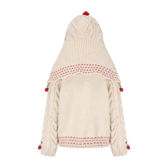 フード付き 可憐なベリー　シルク入りウールアラン柄編みカーディガン【春秋冬】アイボリー 18枚目の画像