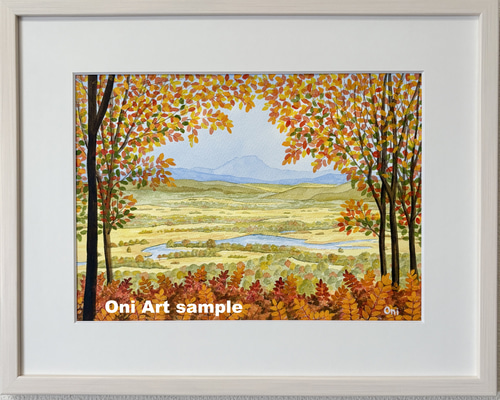 透明水彩画　原画　「釧路湿原・秋01」額縁付き　F4サイズ　風景画 b209c895f0ff0c3e876be28eda4a38