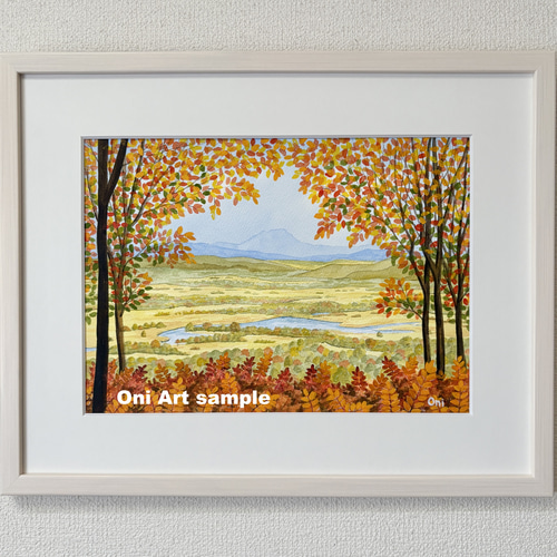 釧路湿原・秋01」透明水彩画 原画 風景画 額縁付 F4サイズ 絵画 Oni