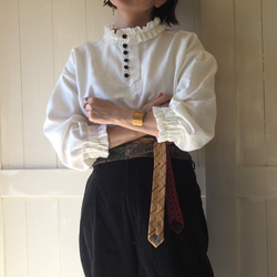 ■フリルハイネック リネンコットンブラウス（ホワイト）前後2WAY・受注制作／ナチュラルコーデ 10枚目の画像