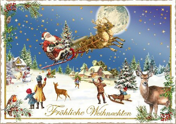 新商品！クリスマスカード！『ドイツ直輸入　ポストカード　ラメ＆ダイカット加工　サンタクロースとソリー』～雪の日　1枚～ 1枚目の画像