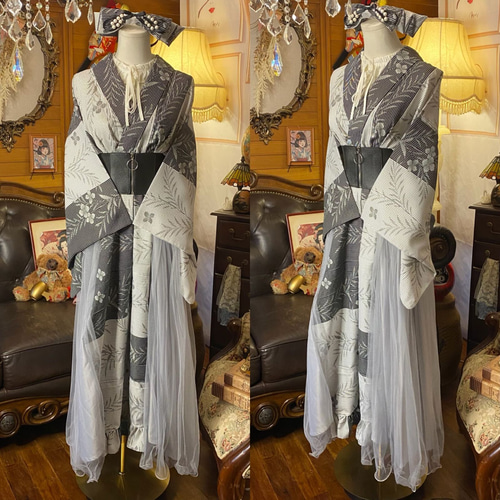 着物 ワンピース ドレス 和洋折衷 コラージュ リメイク 切り替え