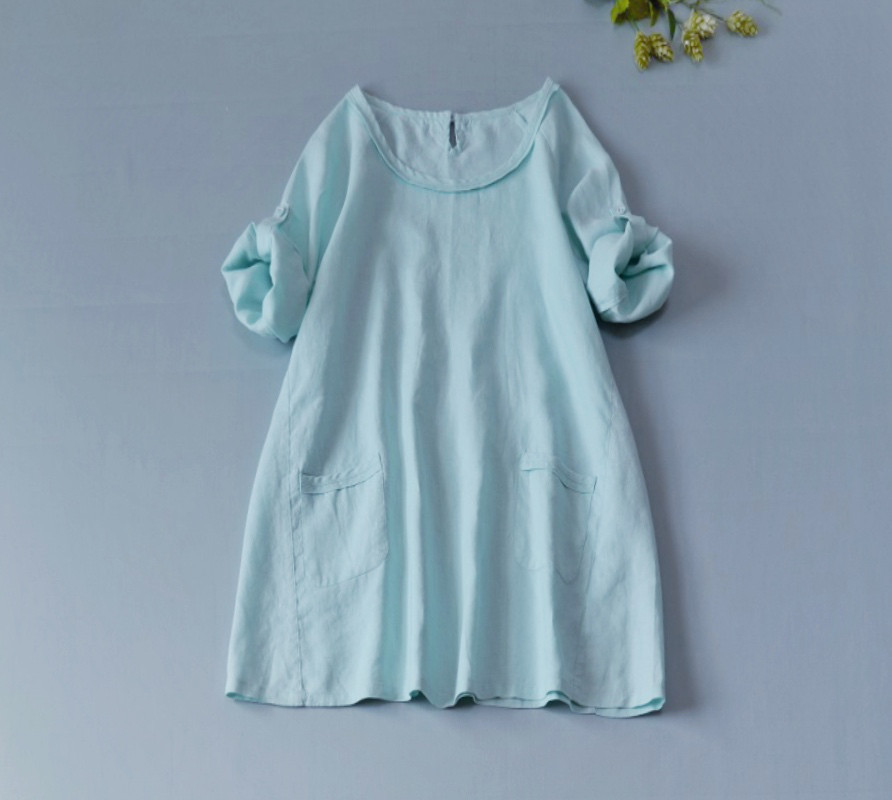 リネン100%ポケット付きシンプルな大人可愛い2way七分袖チュニック♪