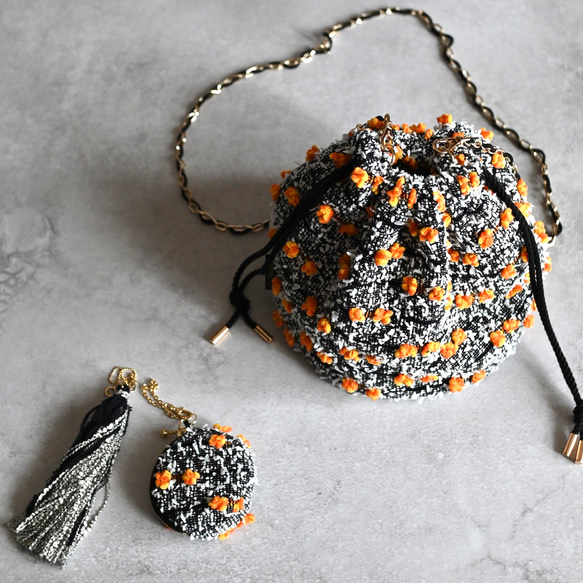 ［限定］ハロウィンパーティー尾州ツイードのドローストリングバッグ/アクセサリーポーチとタッセル付 2枚目の画像