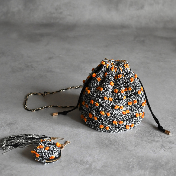 ［限定］ハロウィンパーティー尾州ツイードのドローストリングバッグ/アクセサリーポーチとタッセル付 8枚目の画像