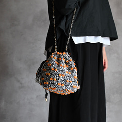 ［限定］ハロウィンパーティー尾州ツイードのドローストリングバッグ/アクセサリーポーチとタッセル付 4枚目の画像