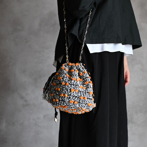 ［限定］ハロウィンパーティー尾州ツイードのドローストリングバッグ/アクセサリーポーチとタッセル付 4枚目の画像