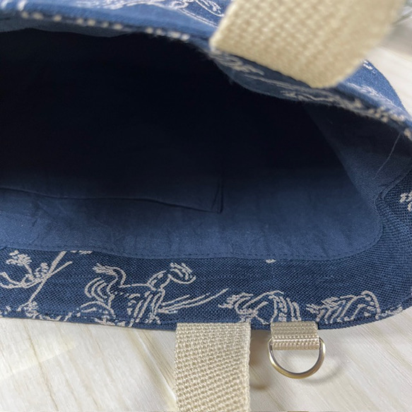 鳥獣戯画のミニトートバッグ　紺地に生成り　Ｄカン付　送料込み 4枚目の画像