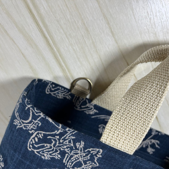 鳥獣戯画のミニトートバッグ　紺地に生成り　Ｄカン付　送料込み 5枚目の画像