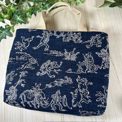 鳥獣戯画のミニトートバッグ　紺地に生成り　Ｄカン付　送料込み 2枚目の画像