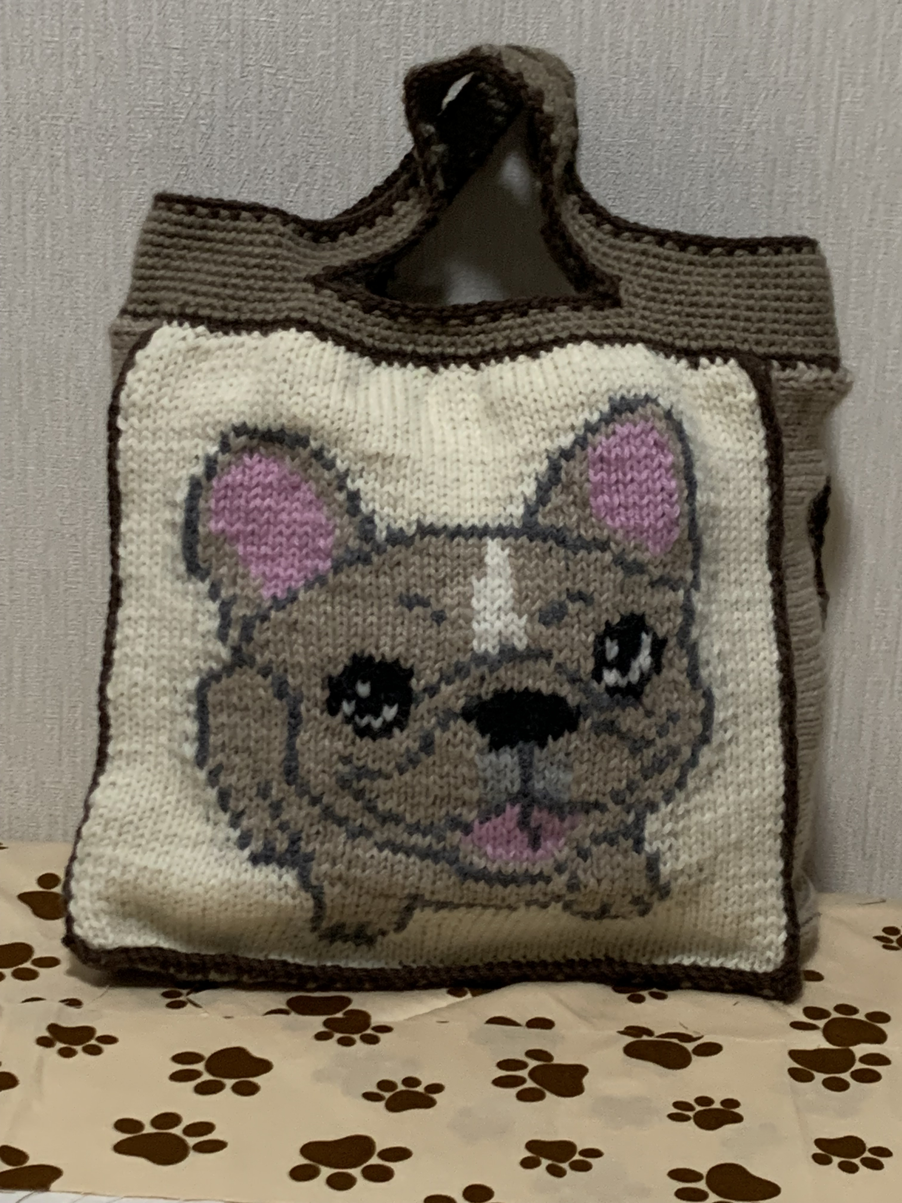 ハンドメイド　手編み　フレブルちゃん　似顔絵　トートバッグ