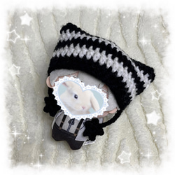 編み物 ちびぐるみ ぬい服 ボンネット スタイ ブラック 黒 ぬいぐるみ