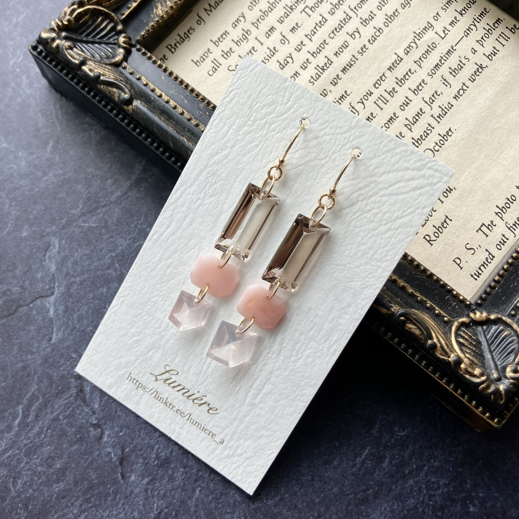 14kgf＊スモーキークォーツ&ピンクオパール&ローズクォーツのピアス