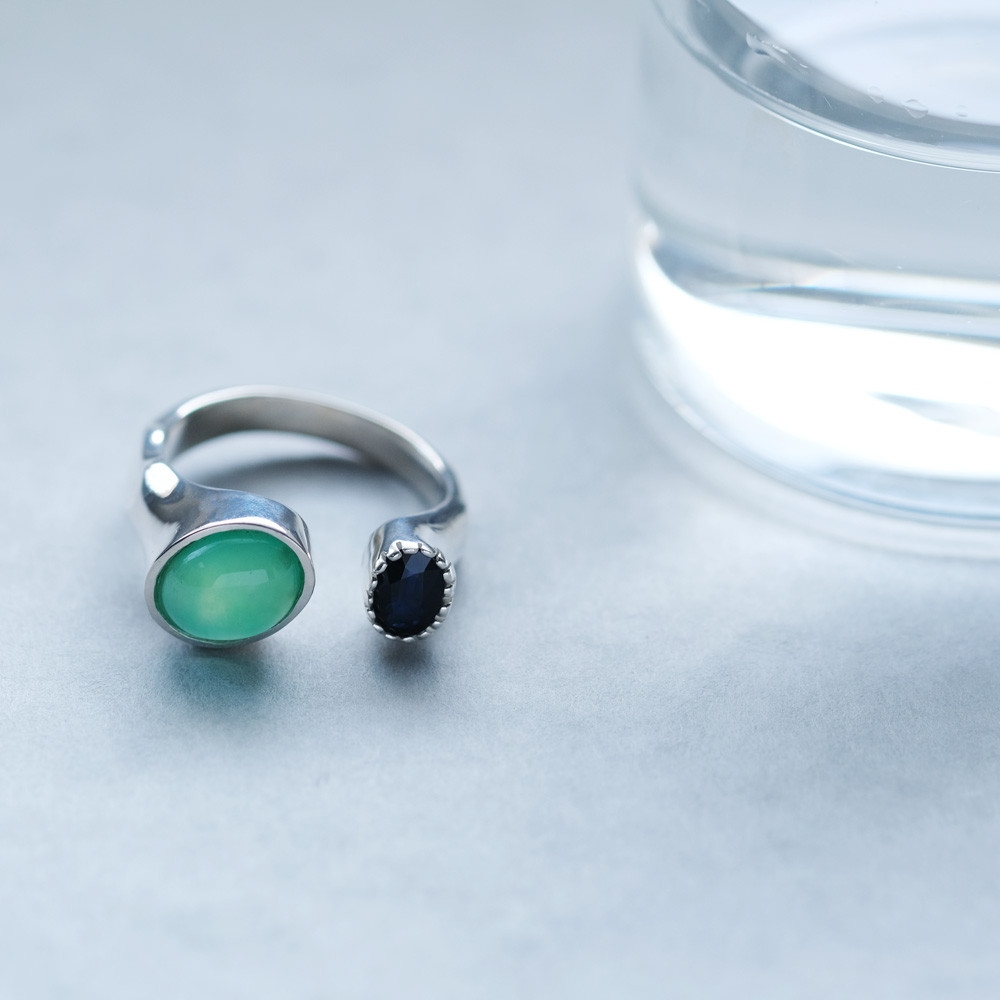 サファイア & オーストラリア 翡翠 天然石 オープン リング シルバー925