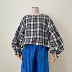 □新作ゆったり綿麻チェックブラウス★グレー　フリーサイズ　長袖 7枚目の画像