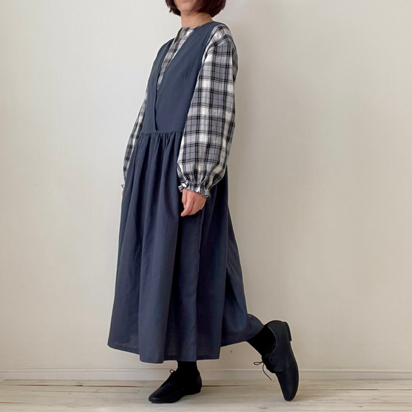 □新作ゆったり綿麻チェックブラウス★グレー　フリーサイズ　長袖 8枚目の画像