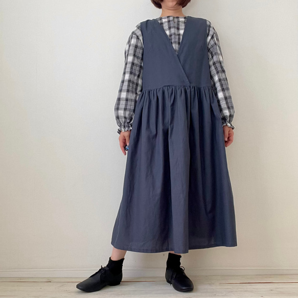 □新作ゆったり綿麻チェックブラウス★グレー　フリーサイズ　長袖 9枚目の画像