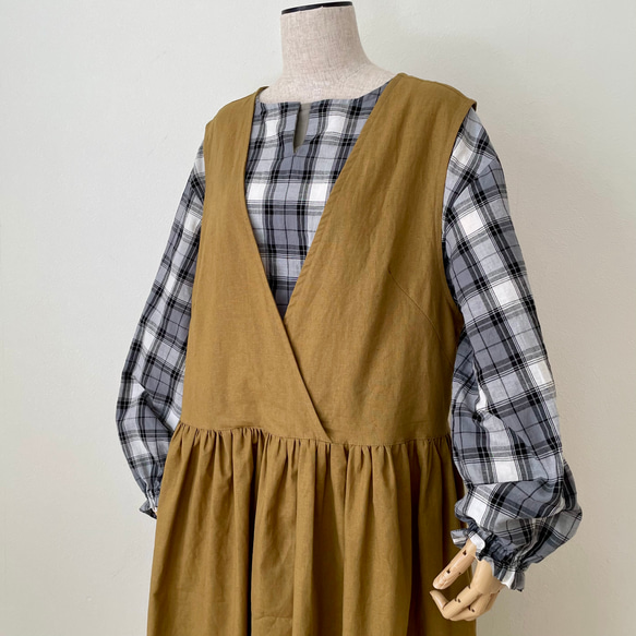 □新作ゆったり綿麻チェックブラウス★グレー　フリーサイズ　長袖 10枚目の画像