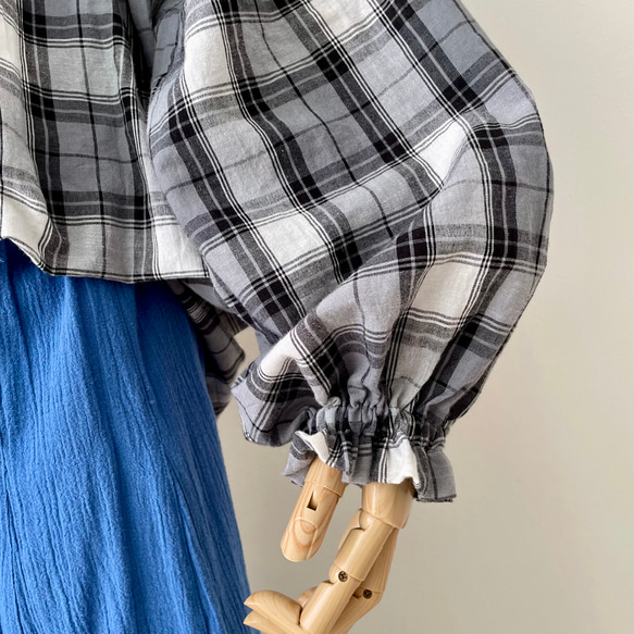 □新作ゆったり綿麻チェックブラウス★グレー　フリーサイズ　長袖 5枚目の画像