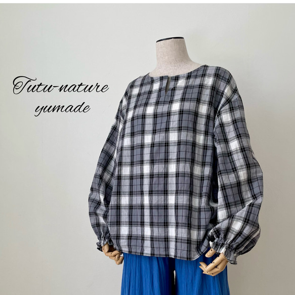 □新作ゆったり綿麻チェックブラウス★グレー　フリーサイズ　長袖 1枚目の画像