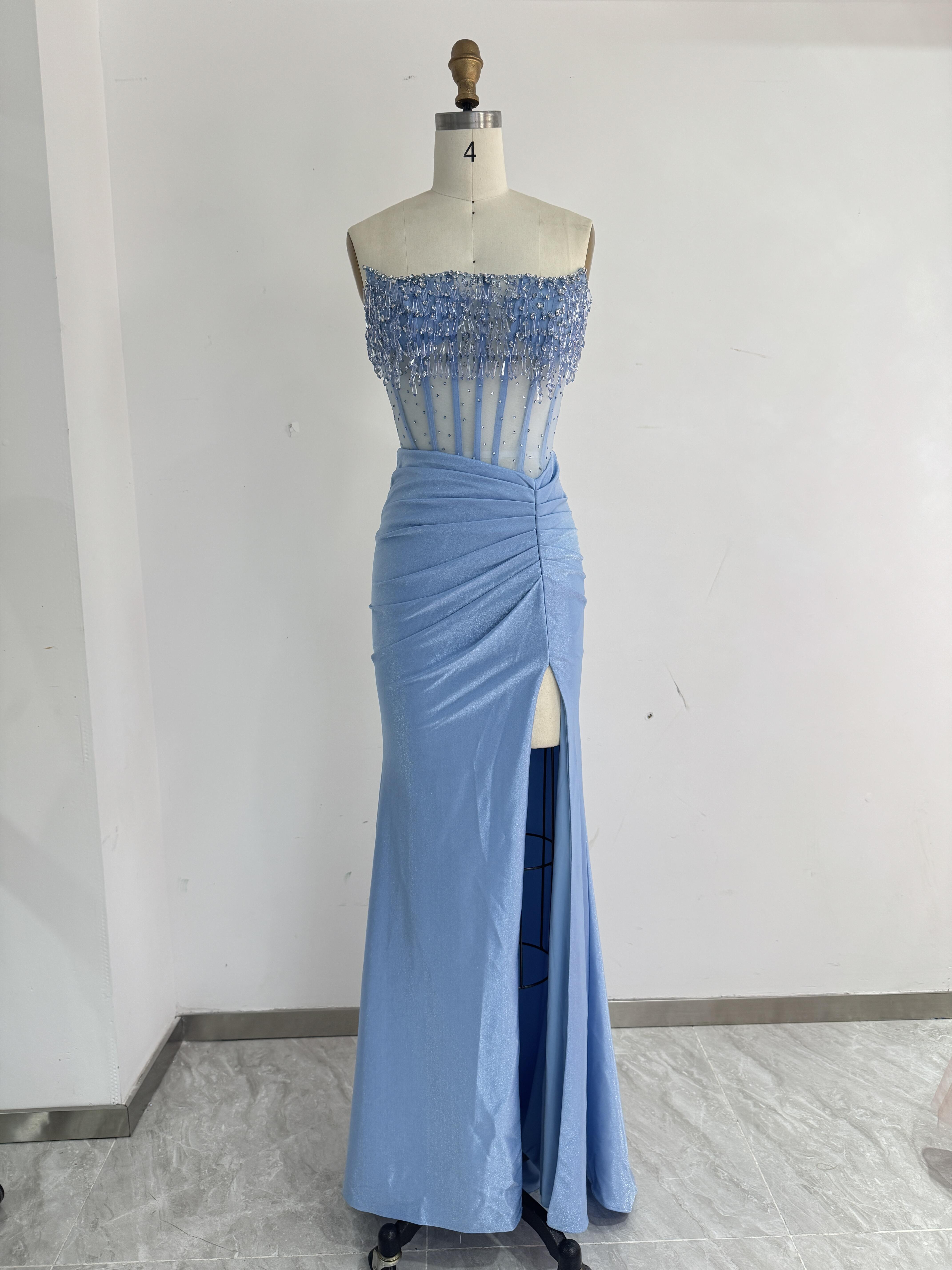 高品質保証　ファスナー　フロントスッリト　ブルー　ファスナー　ビーズ　キラキラ　高級感　サイズオーダー可能　カラードレス